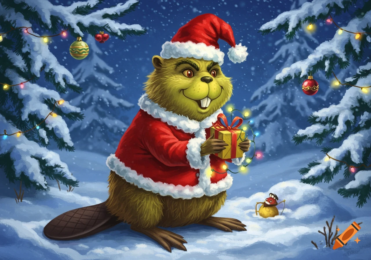 A cartoon beaver wearing a Santa hat and suit, holding a gift and a string of colorful Christmas lights in a snowy forest.