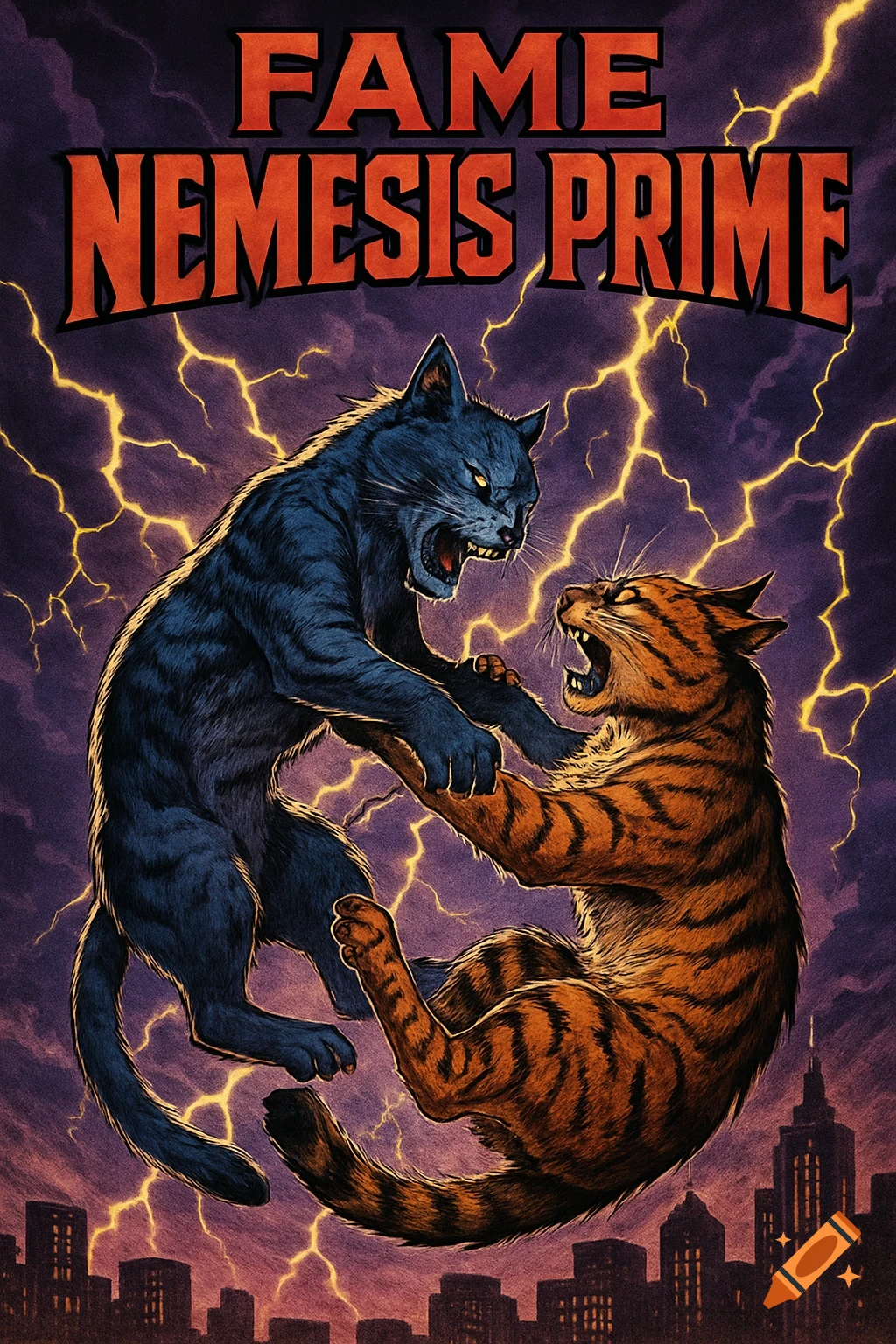 A dramatic comic book cover features a blue cat and an orange cat battling amidst lightning, above a city skyline. Title: FAME NEMESIS PRIME.