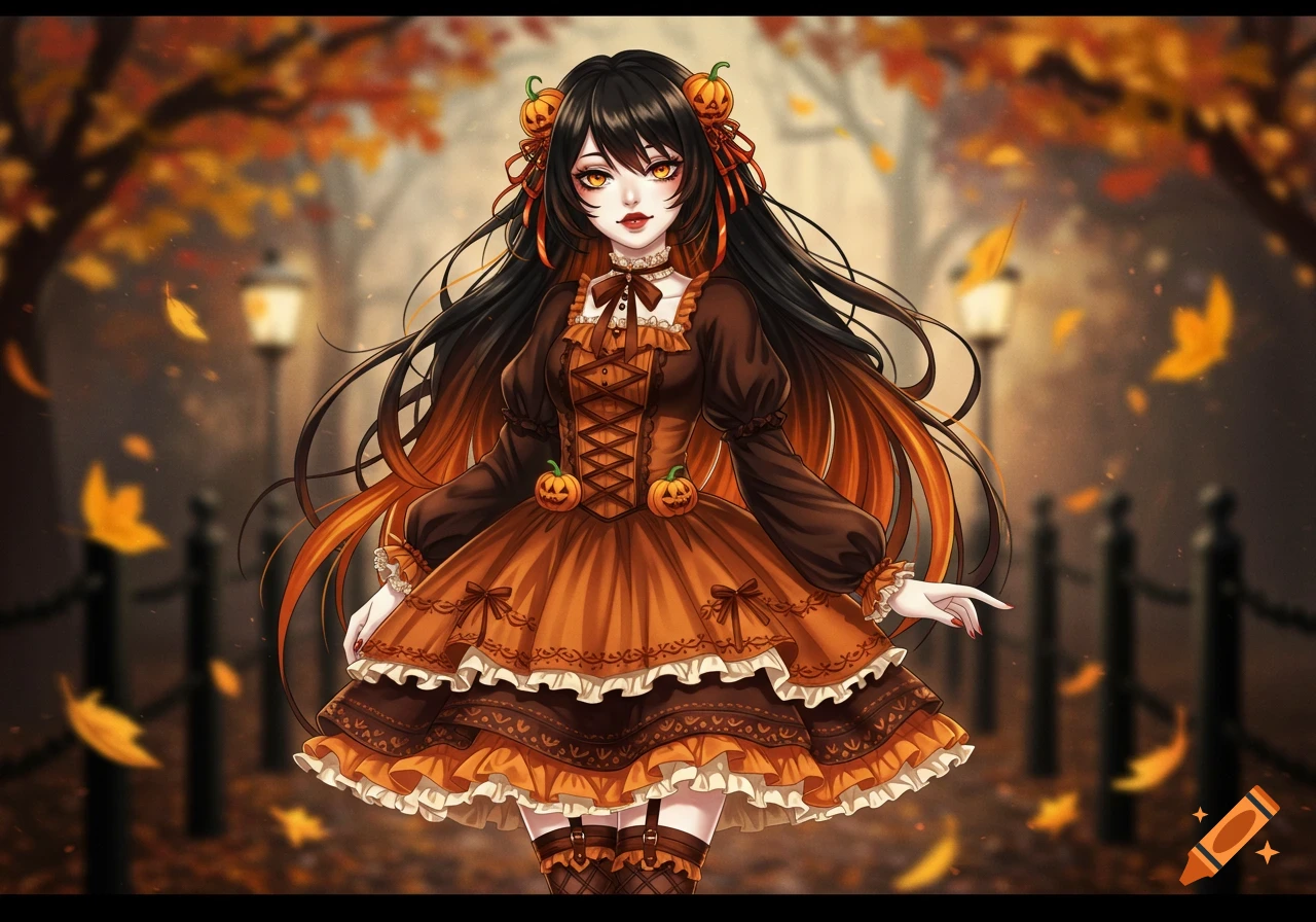 An anime girl with black and orange hair wearing a brown and orange pumpkin spice themed gothic dress in a fall setting.