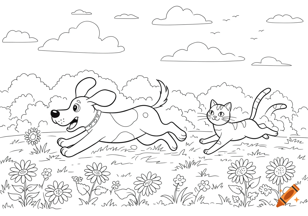 Black and white line art of a cartoon dog chasing a cat through a field with flowers and clouds, perfect for coloring.