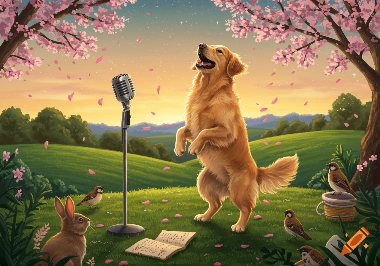 A golden retriever stands on its hind legs singing into a vintage microphone in a vibrant spring meadow with cherry blossoms falling around it, with small birds and a rabbit nearby.