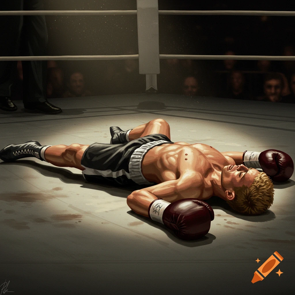 Photorealistic illustration of a knocked-out boxer lying on the mat in a boxing ring, with spectators in the background.