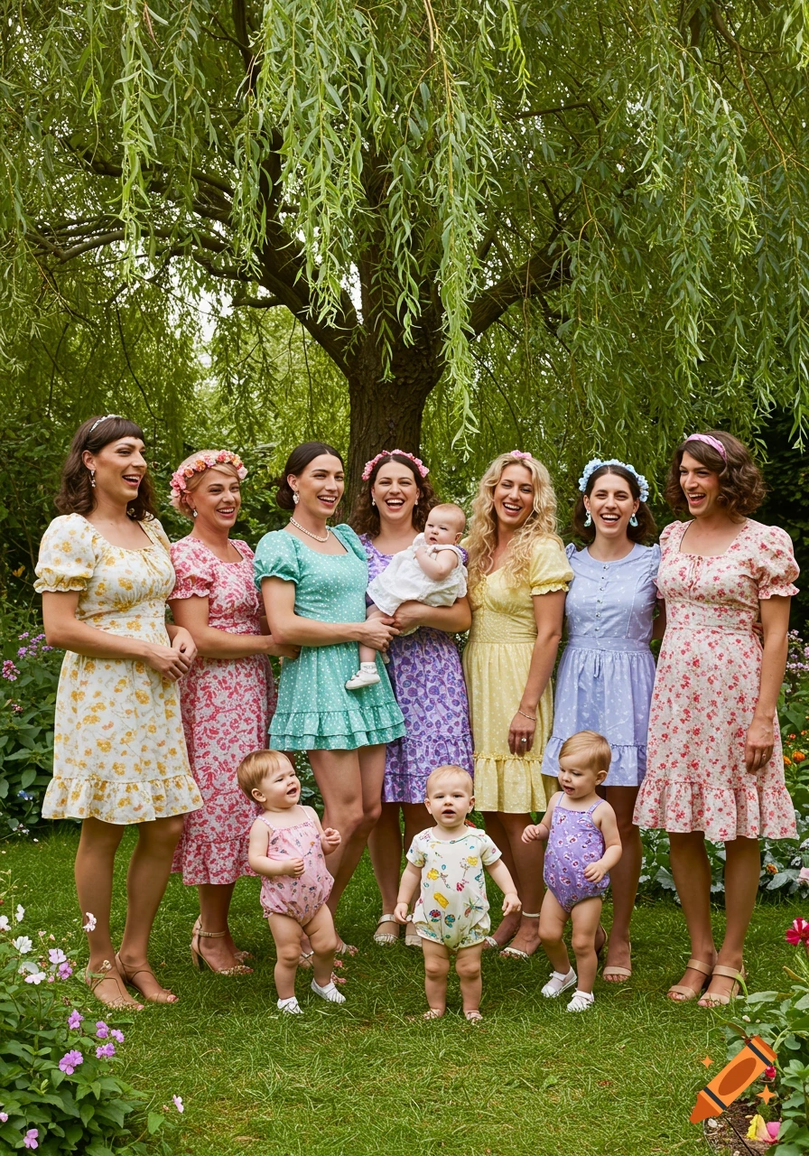 A group of women in colorful frilly dresses with babies and toddlers in a lush garden under a tree.