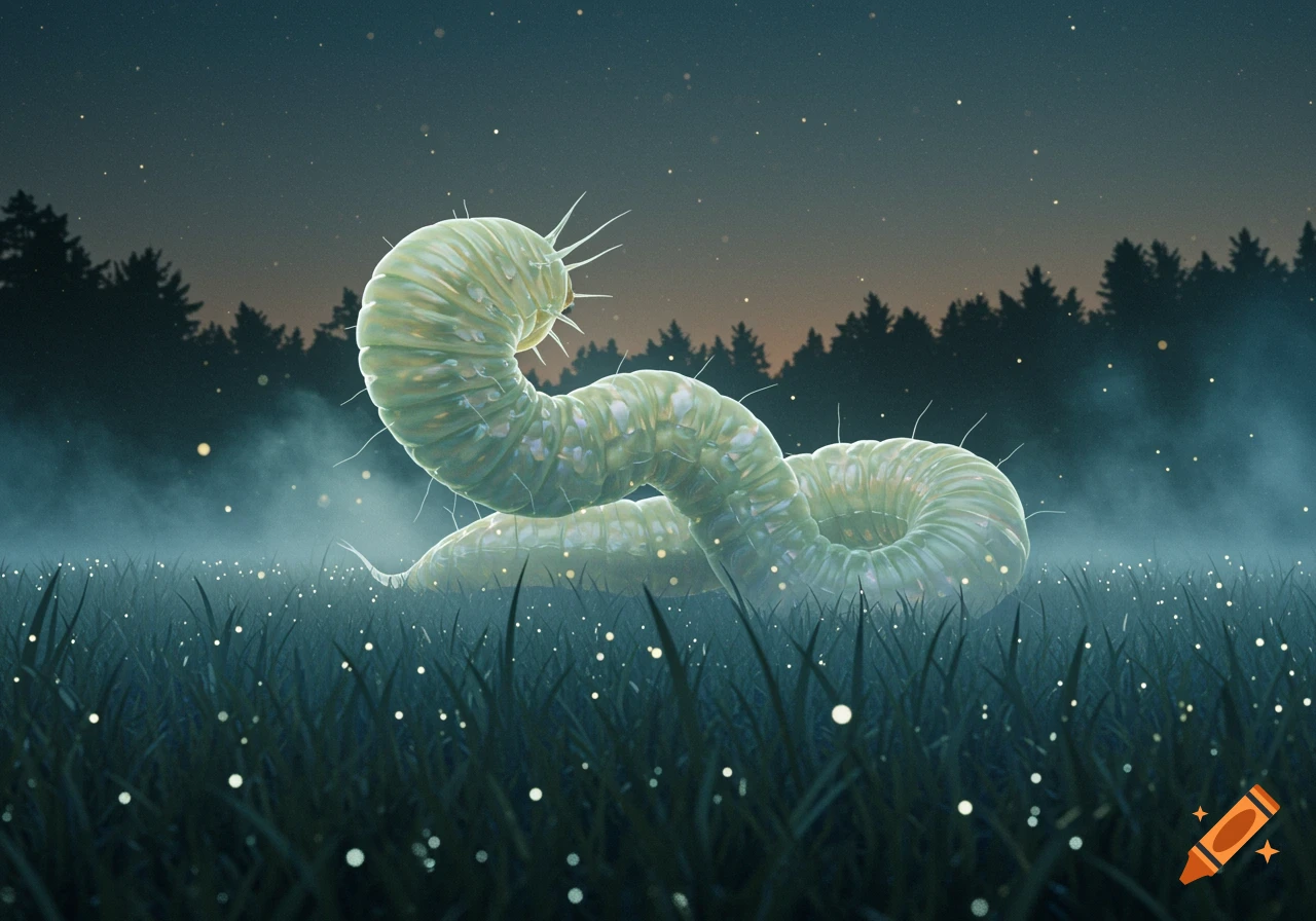A large, glowing worm-like creature with spikes crawls through a misty field at twilight. Dark forest in background.