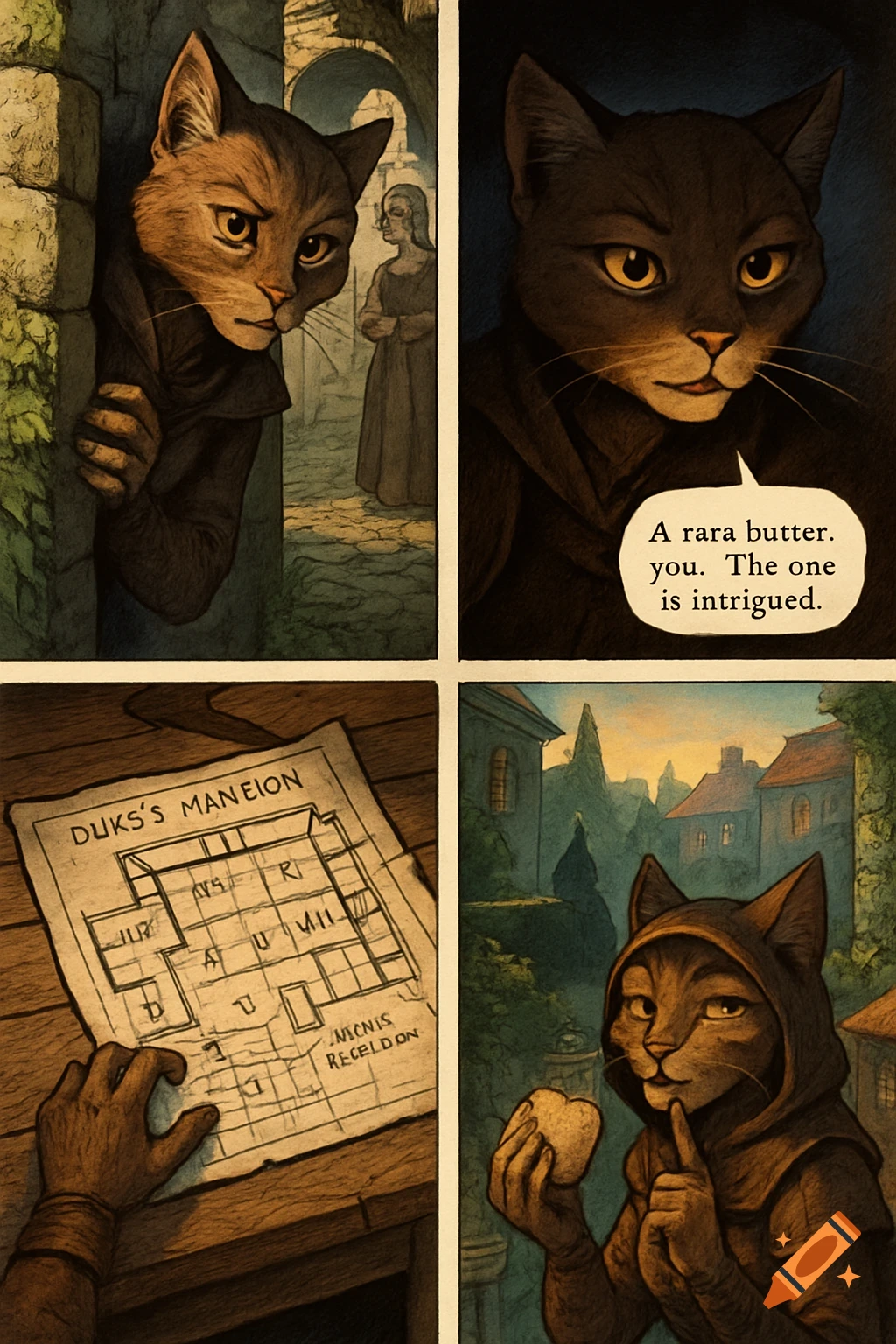 Comic panels show an anthropomorphic cat in a hooded robe, peering around a corner, speaking from a bubble, and studying a map, in a medieval-fantasy setting.