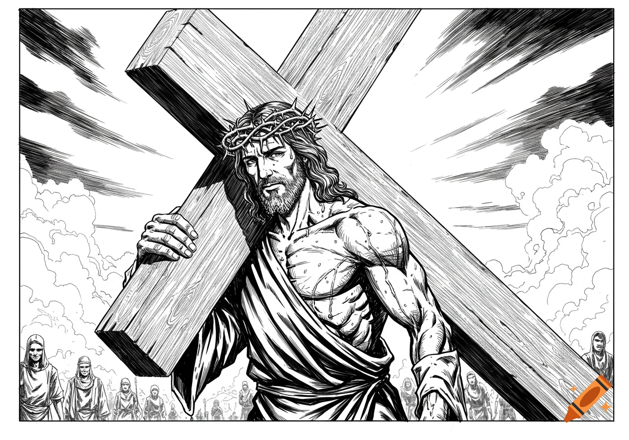 Black and white comic art illustration of a muscular Jesus wearing a crown of thorns and loincloth, carrying a heavy wooden cross on his shoulder.