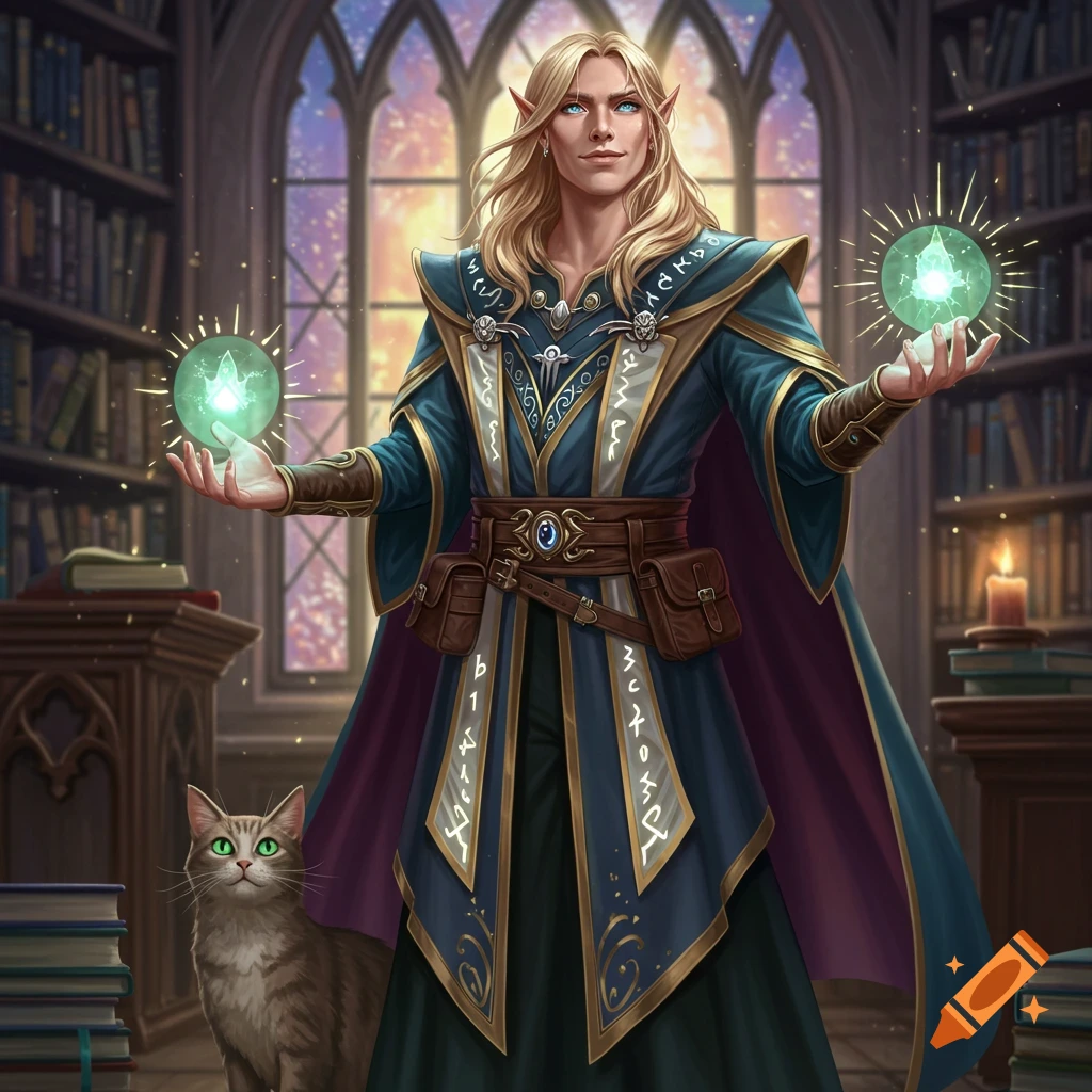 A blonde elf-like male sorcerer in blue robes holds glowing orbs in an arcane library with a cat. Fantastical art style.