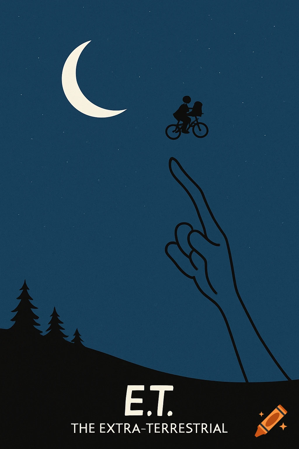 Minimalist blue and black poster of E.T.: a child on a bicycle flies across a crescent moon, pointed at by a large hand. Text reads "E.T. THE EXTRA-TERRESTRIAL".