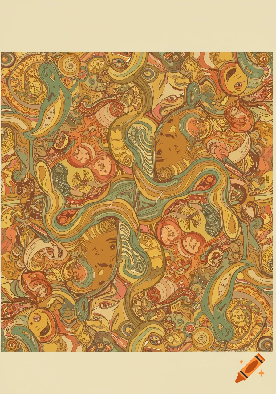 A vibrant, intricate doodle art pattern with abstract organic shapes and stylized faces in retro colors.