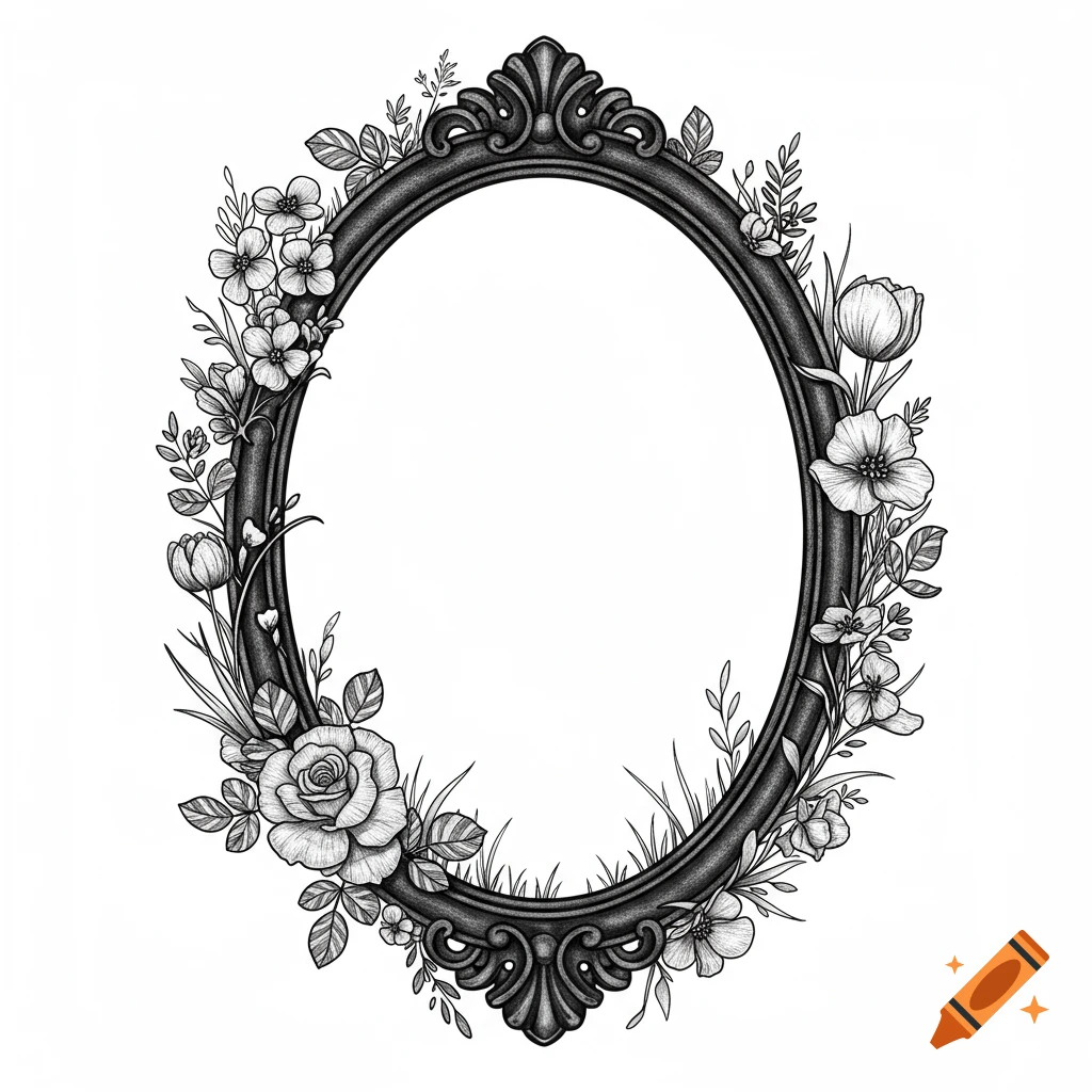 Detailed black and white line art of an ornate oval frame adorned with roses, tulips, and various wildflowers and leaves.
