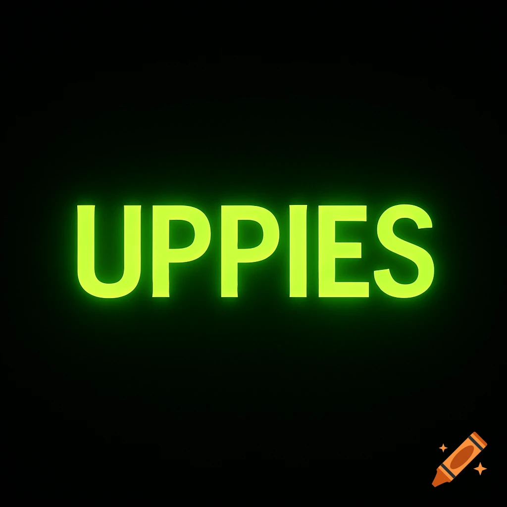 The word UPPIES in bright neon green against a black background.