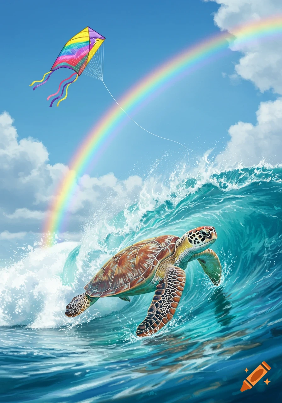 A vibrant illustration of a sea turtle surfing a large wave under a blue sky with a colorful kite and a rainbow.
