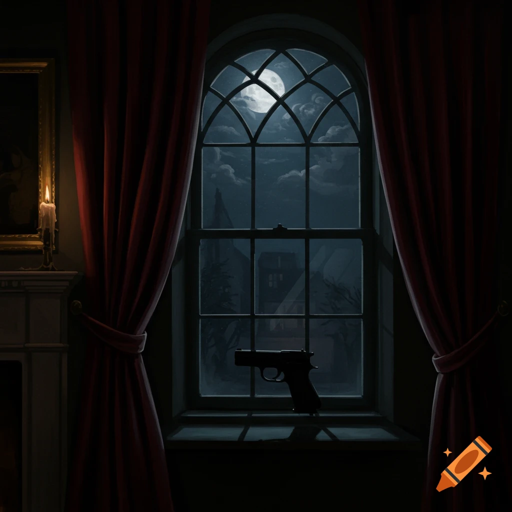A pistol sits on a dark windowsill, illuminated by a full moon seen through a gothic window. Red curtains and a lit candle are also visible.