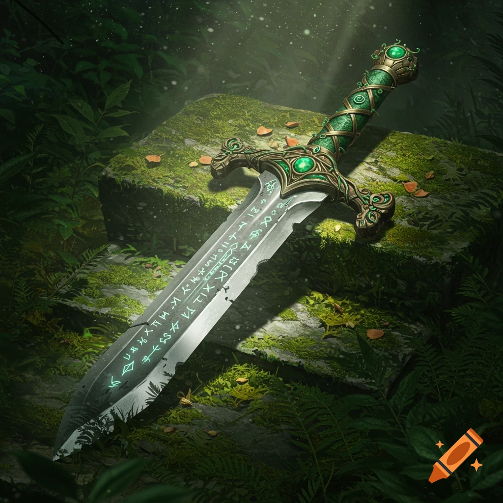 A fantasy sword with an emerald and gold hilt and glowing runes on the blade rests on mossy rocks in a dark forest.