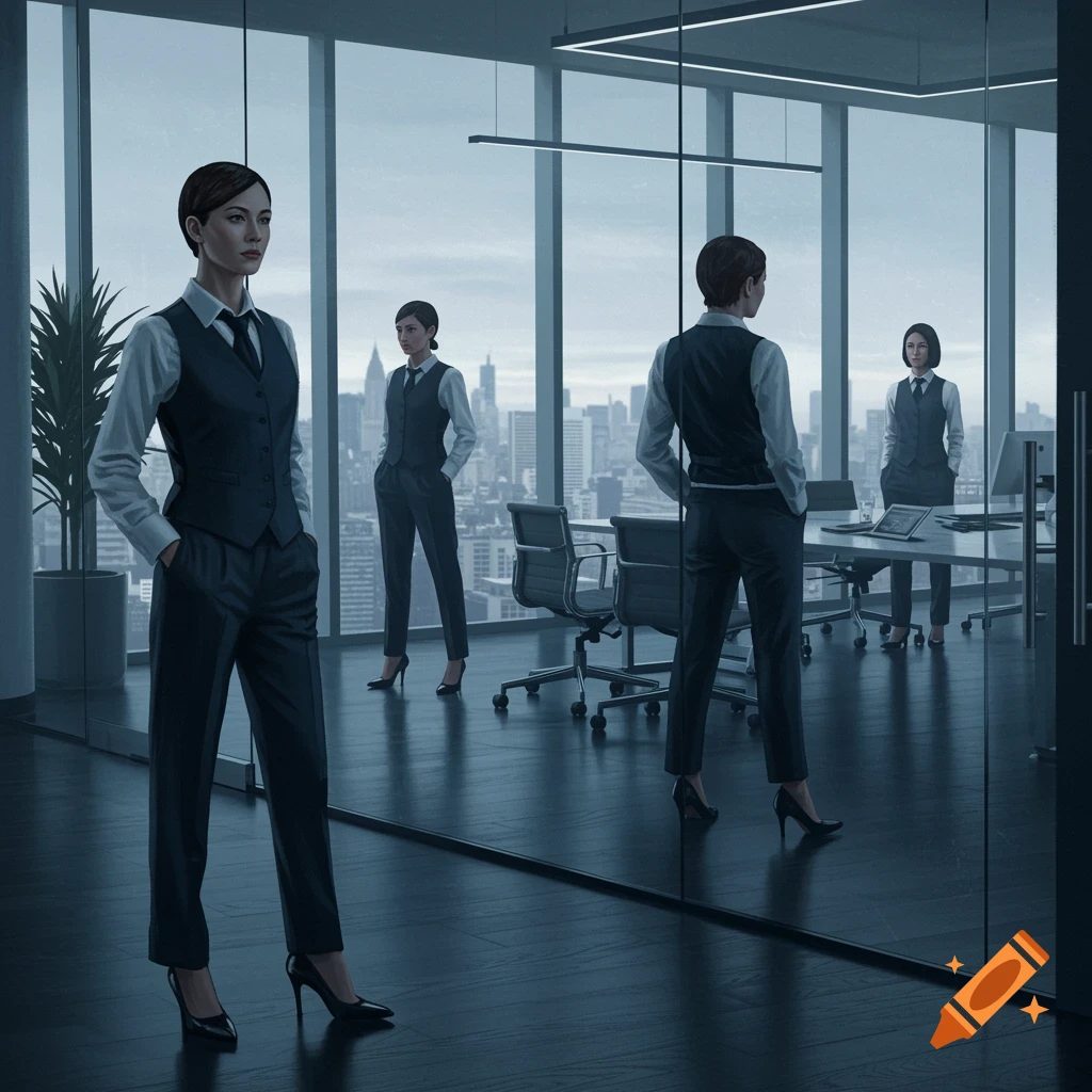 Women in business attire in a modern office with city views, one reflected in glass.