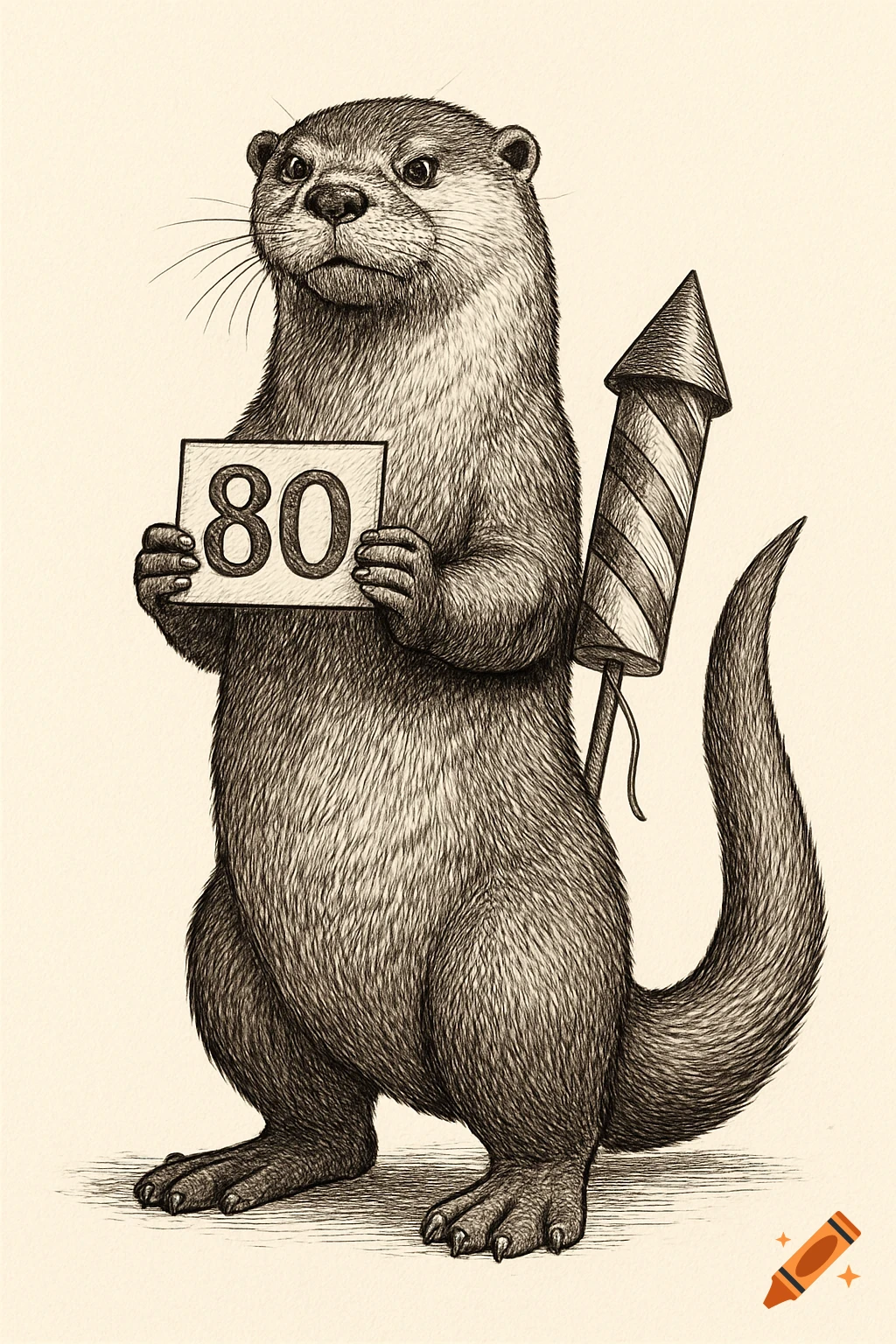 A detailed drawing of an otter standing on its hind legs, holding a sign with 80, with a firework behind its tail.
