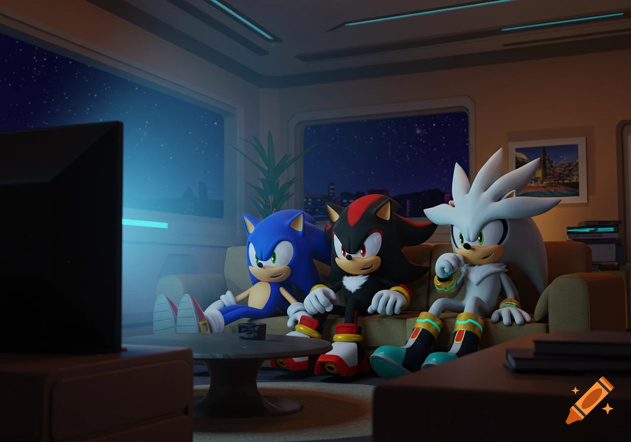 Sonic, Shadow, and Silver sit on a couch watching TV in a dimly lit living room at night.