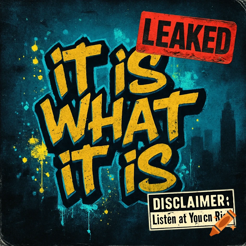 A grunge-style record cover featuring yellow graffiti text 'it is WHAT it is', a red 'LEAKED' stamp, and a 'DISCLAIMER' sticker.