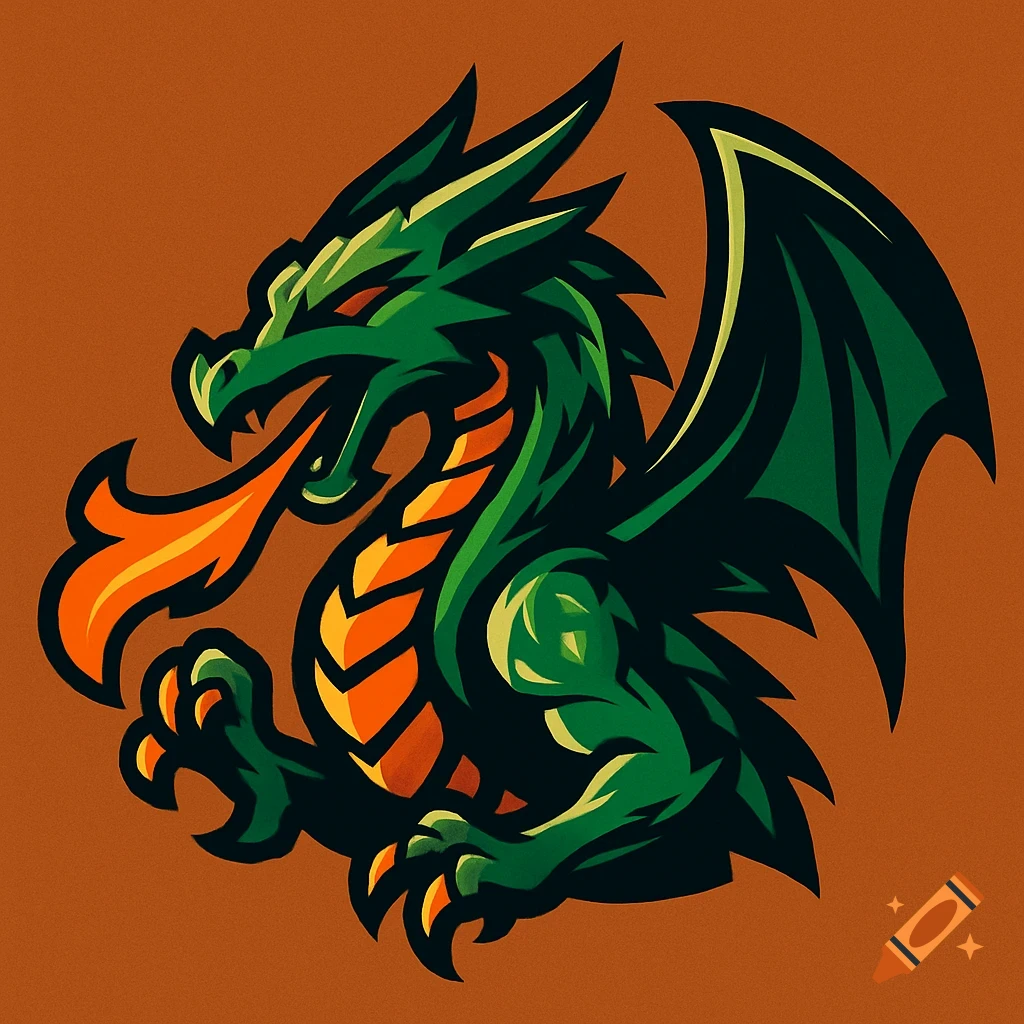 A stylized green and orange dragon logo breathing fire on an orange background.