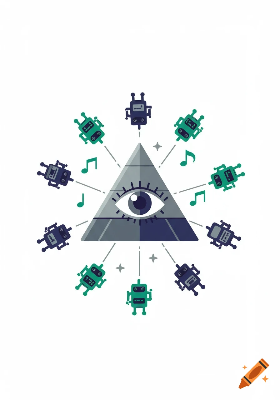 Stylized illustration of an all-seeing eye pyramid surrounded by green and blue robots and musical notes.