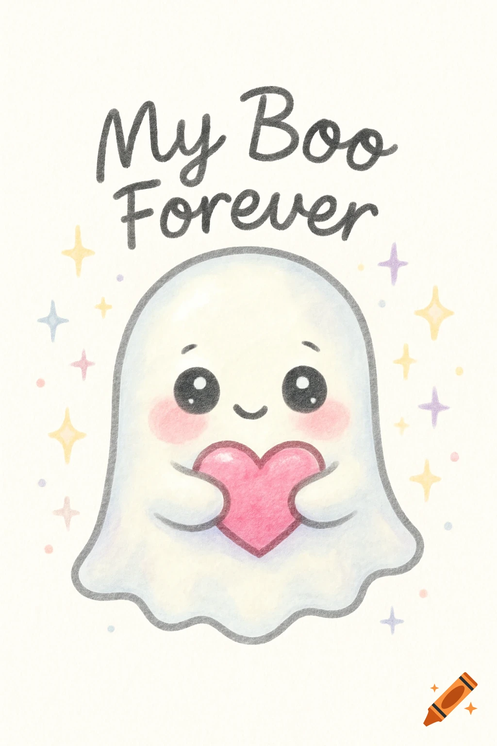 Kawaii ghost holding a pink heart with 'My Boo Forever' text in a watercolor style.