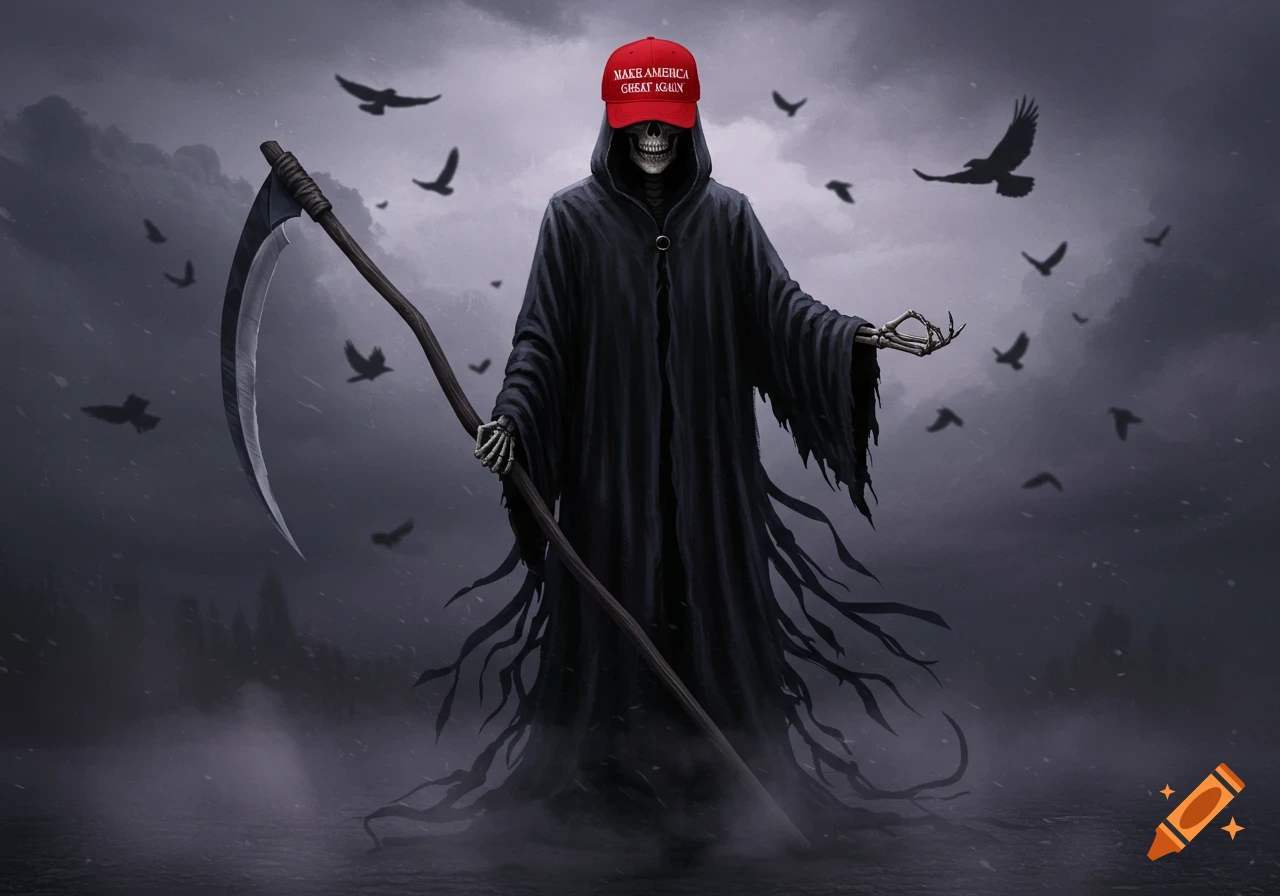 A Grim Reaper wearing a red MAGA hat holds a scythe under a dark, cloudy sky with flying birds.