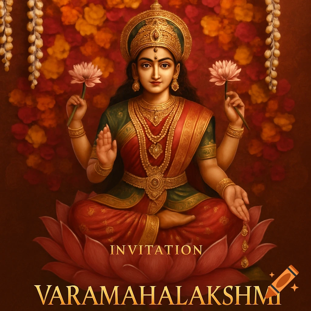 Goddess Lakshmi sits on a pink lotus, adorned with jewelry, holding lotus flowers, with text 'INVITATION VARAMAHALAKSHMI'.