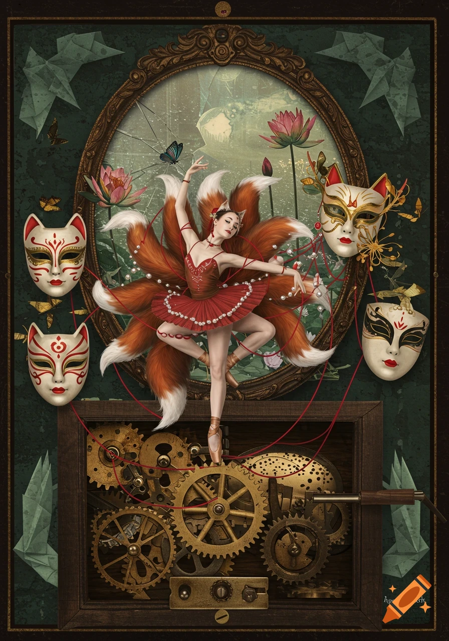 A surreal fantasy illustration of a kitsune ballerina dancing above gears, surrounded by floating masks, lotuses, and a cracked mirror.