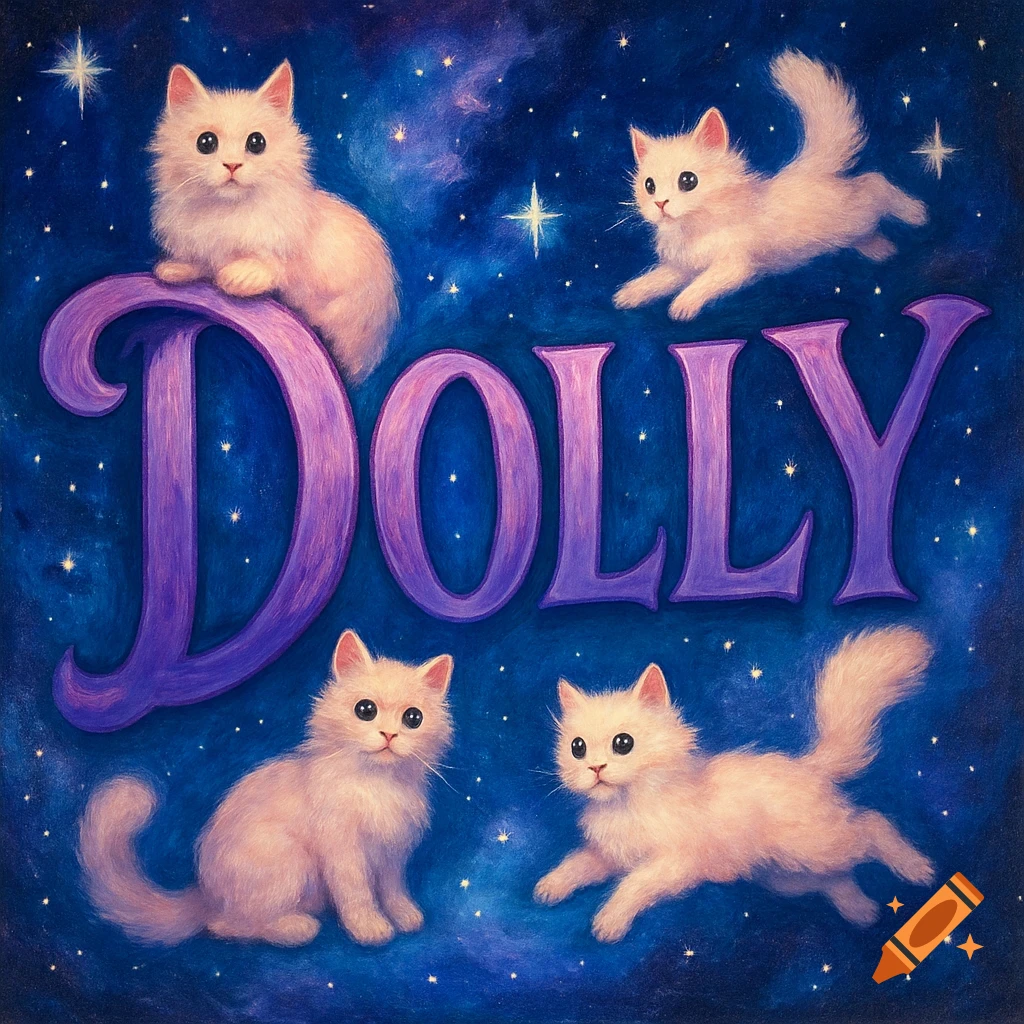 Four fluffy white kittens with big black eyes on a dark blue galaxy background with stars, with the word "DOLLY" in large purple letters.
