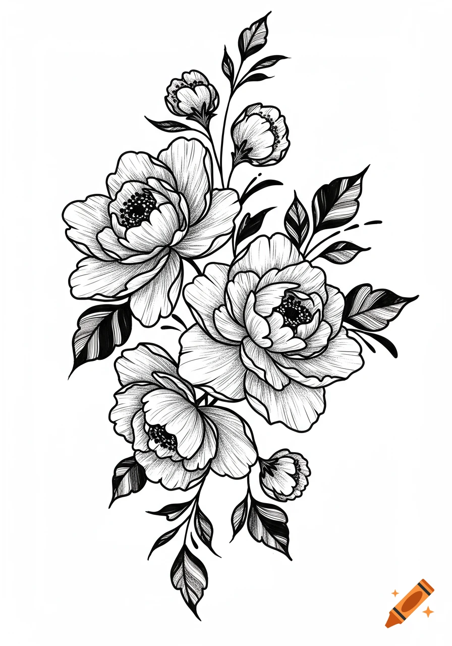 Black and white line art illustration of several blooming flowers with leaves, in a style resembling a tattoo design.