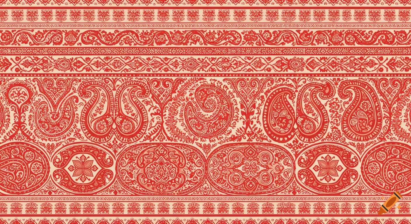 Intricate horizontal decorative pattern in red and cream with paisley and floral motifs.