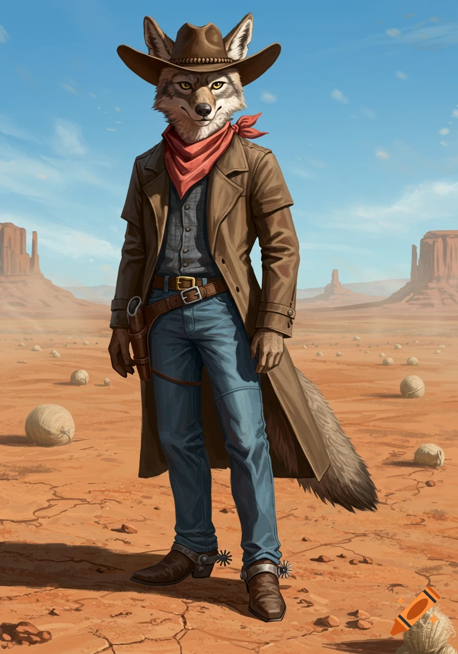 An anthropomorphic coyote in cowboy attire stands in a desert landscape with mesas.