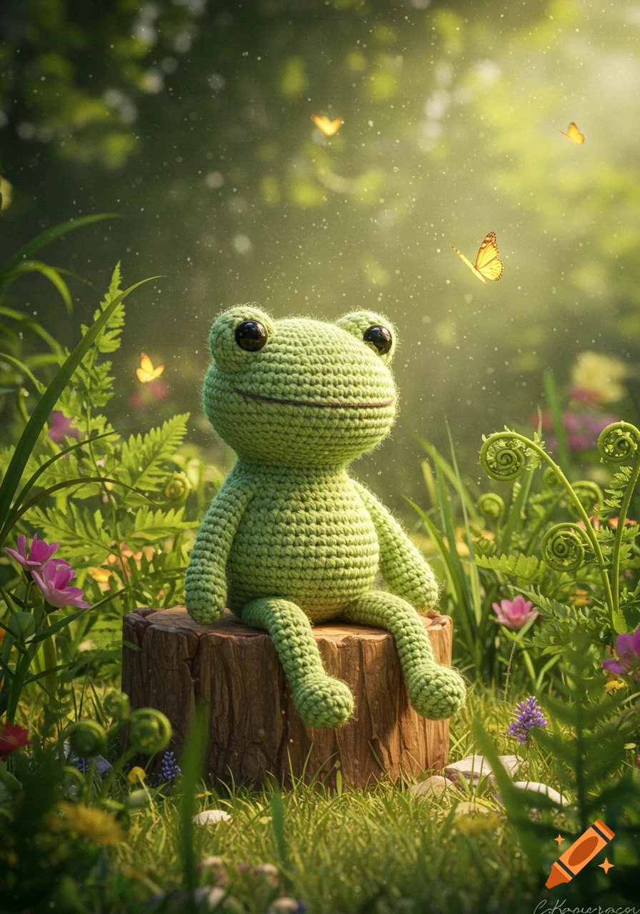A cute green crocheted frog sits on a tree stump in a sunlit forest, surrounded by plants and butterflies.