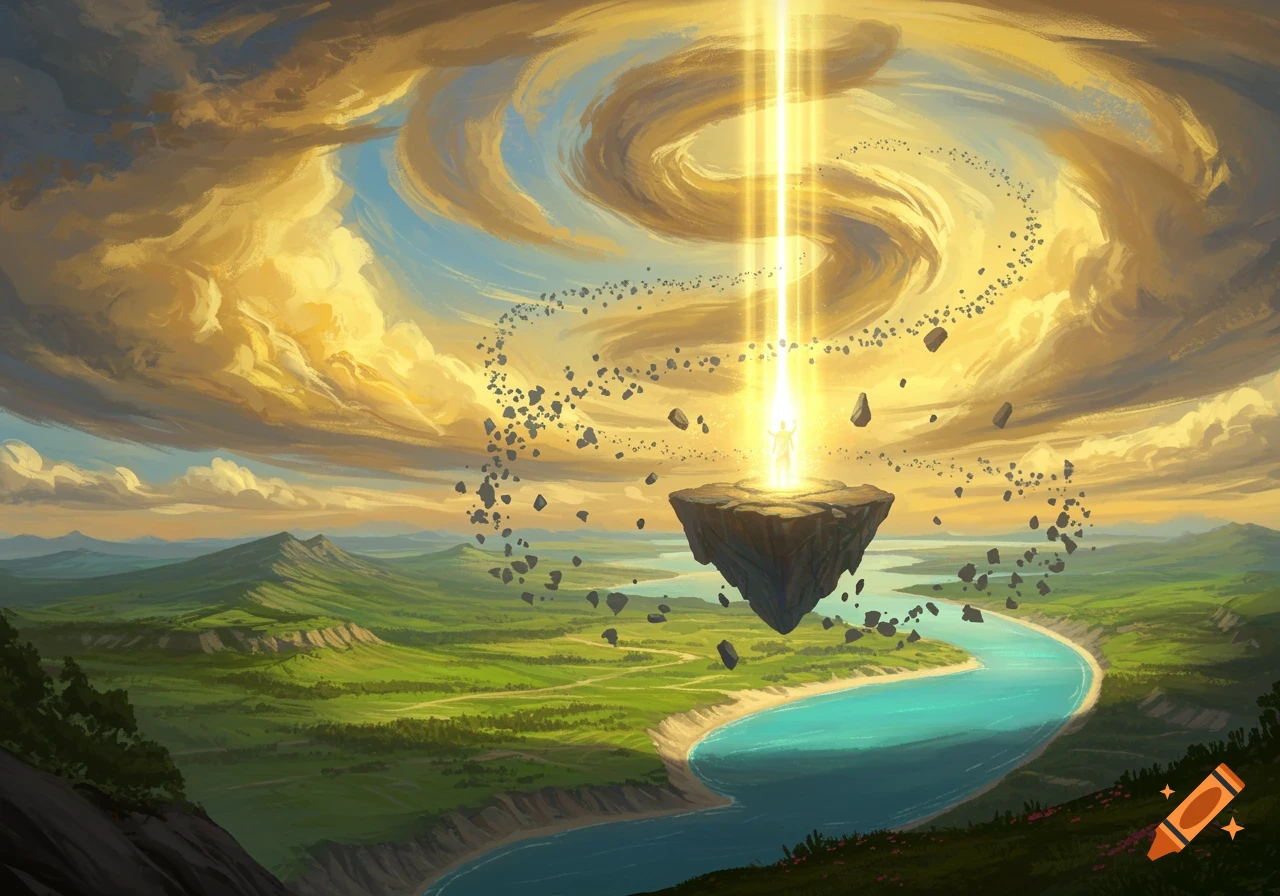 A vibrant fantasy landscape with a luminous beam of light descending onto a floating rocky island over a green valley and river.