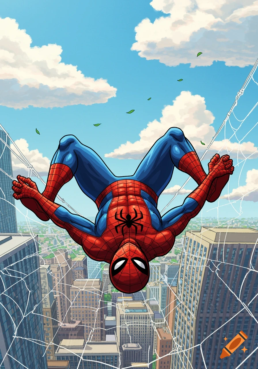 Spider-Man hangs upside down by webs between city buildings, in a vibrant comic book style.