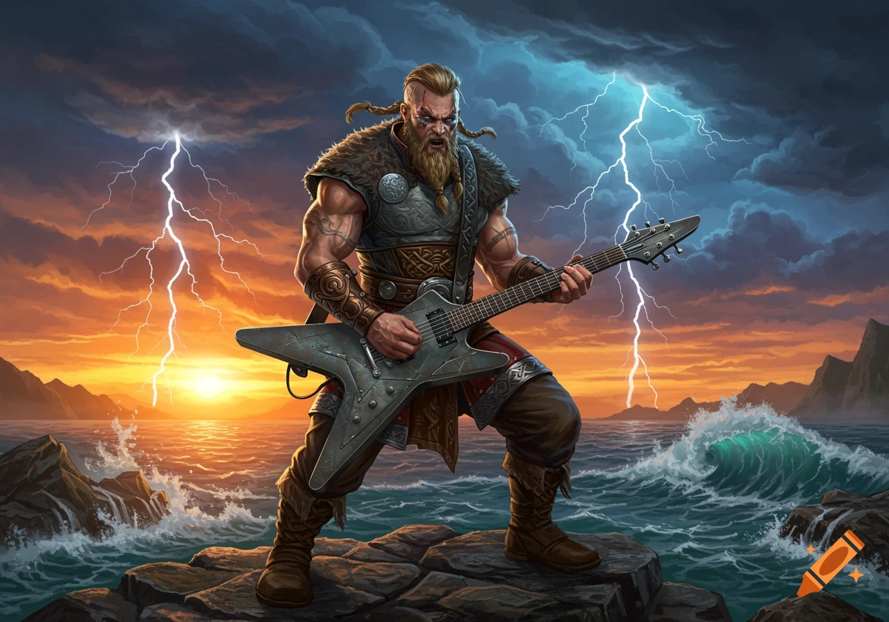 A muscular Viking warrior plays a heavy metal guitar on a rocky shore under a stormy, lightning-filled sunset sky.