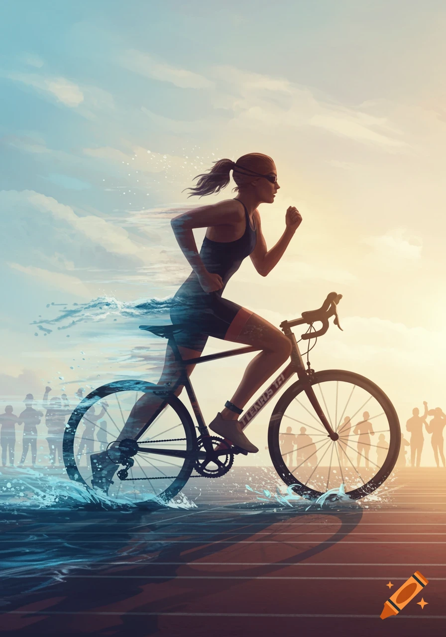 A dynamic digital illustration of a woman competing in a triathlon, shown running, cycling, and swimming (indicated by water effects) at sunrise.