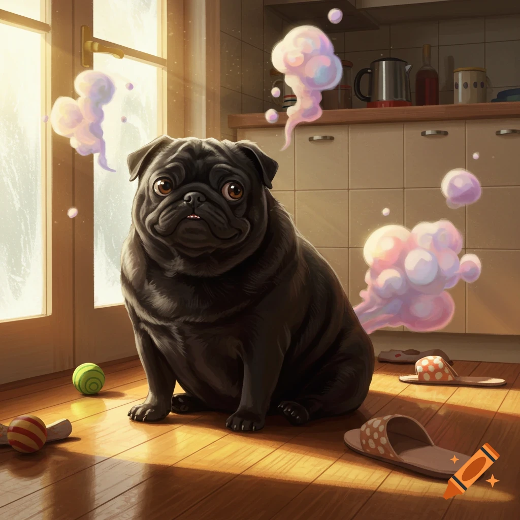 A cartoon black pug sits on a kitchen floor, cartoon smoke coming from its rear. Sunlight streams through a window.