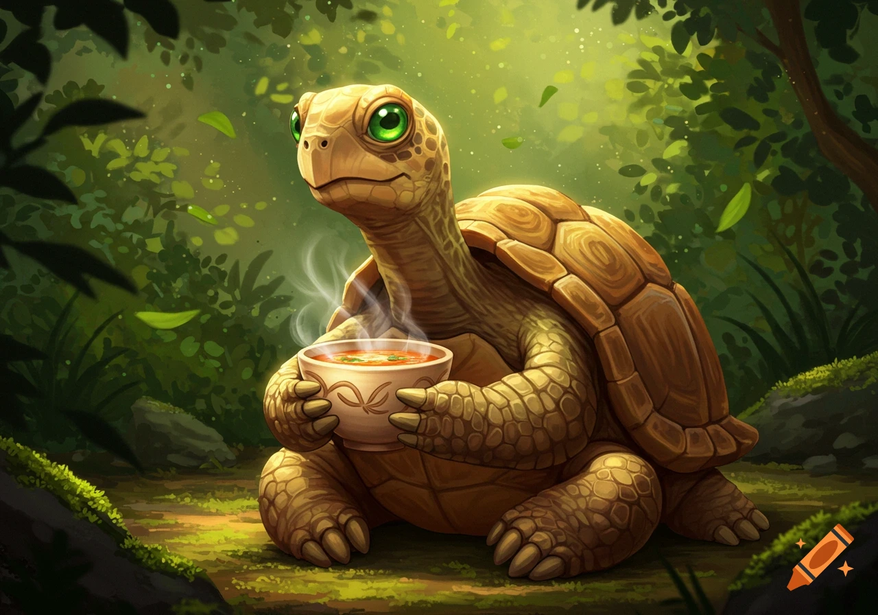 A cute, cartoon-style turtle with green eyes sits in a lush forest, holding a steaming bowl of soup.