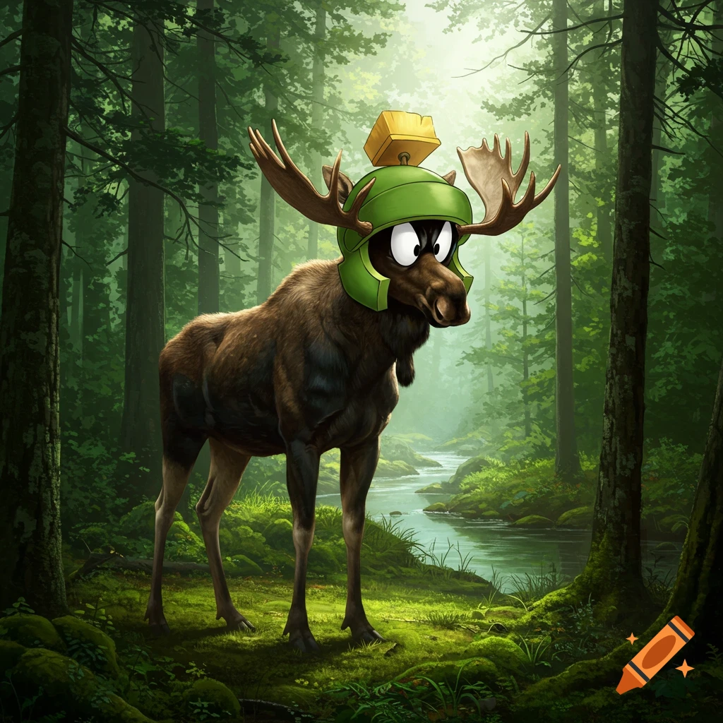 A photorealistic moose wearing a green Marvin the Martian helmet stands in a lush green forest with a stream.