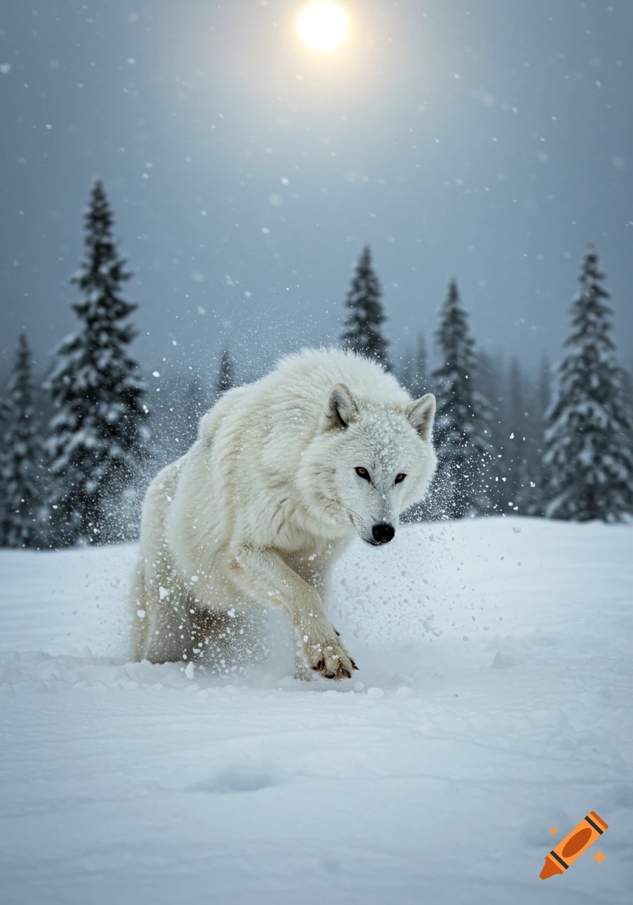 Photorealistic image of a white wolf running through deep snow in a winter forest with sunlight and falling snow.