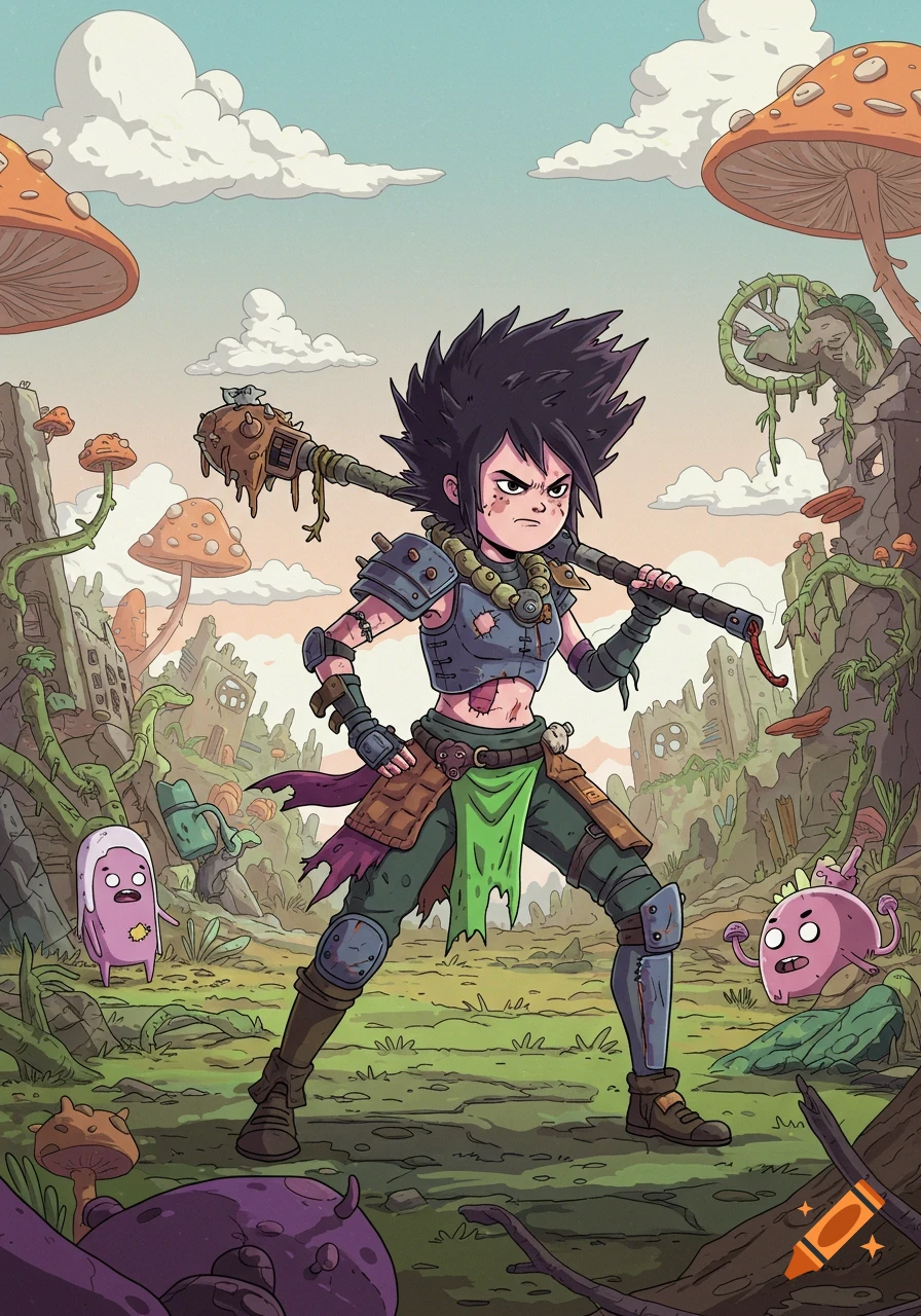 A cartoon raider girl with spiky hair holds a club in a post-apocalyptic landscape with giant mushrooms and ruins.