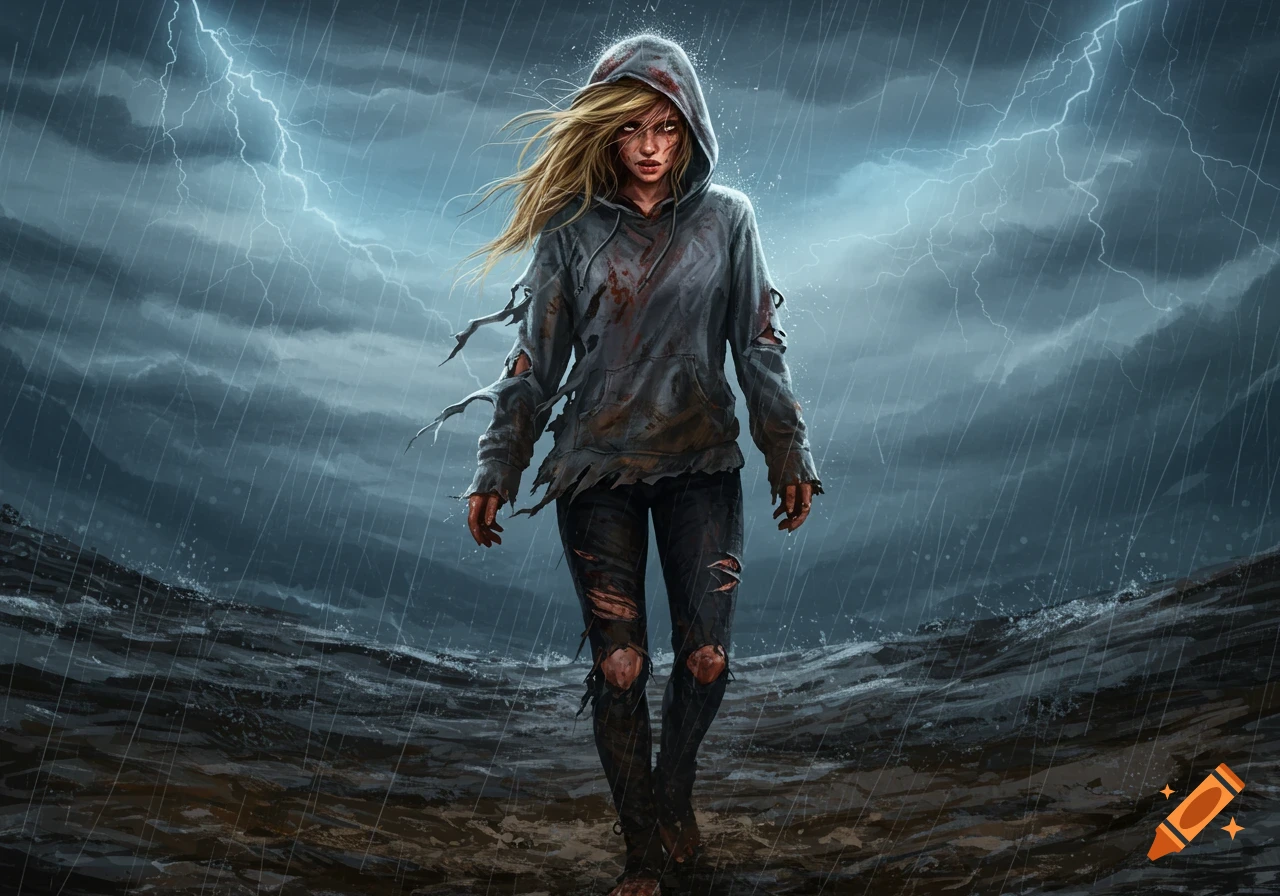 Blonde girl in ripped, muddy hoodie and leggings walks through a stormy, rainy landscape with lightning striking.