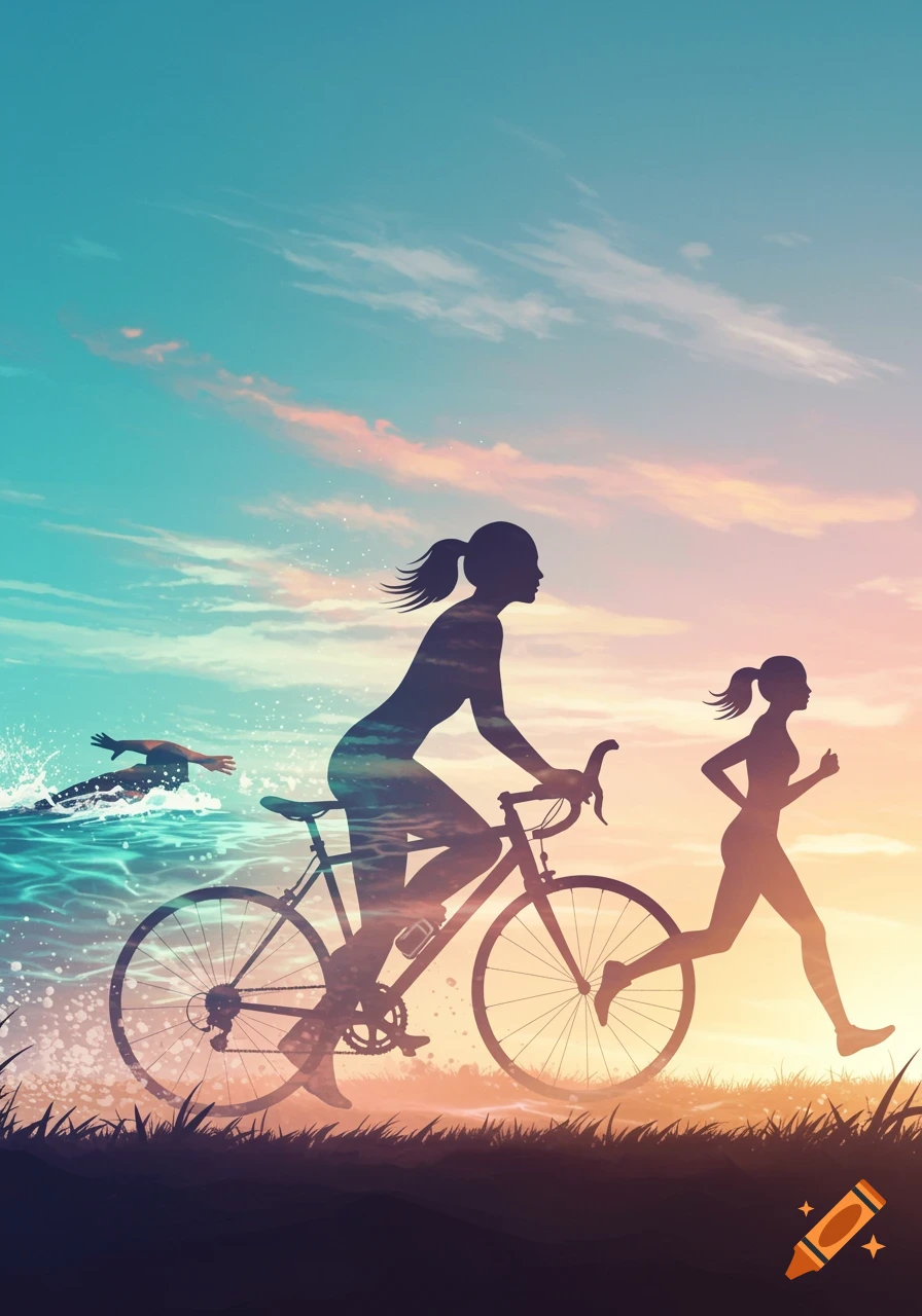 Silhouettes of a swimmer, cyclist, and runner against a vibrant sunset sky, depicting a triathlon.