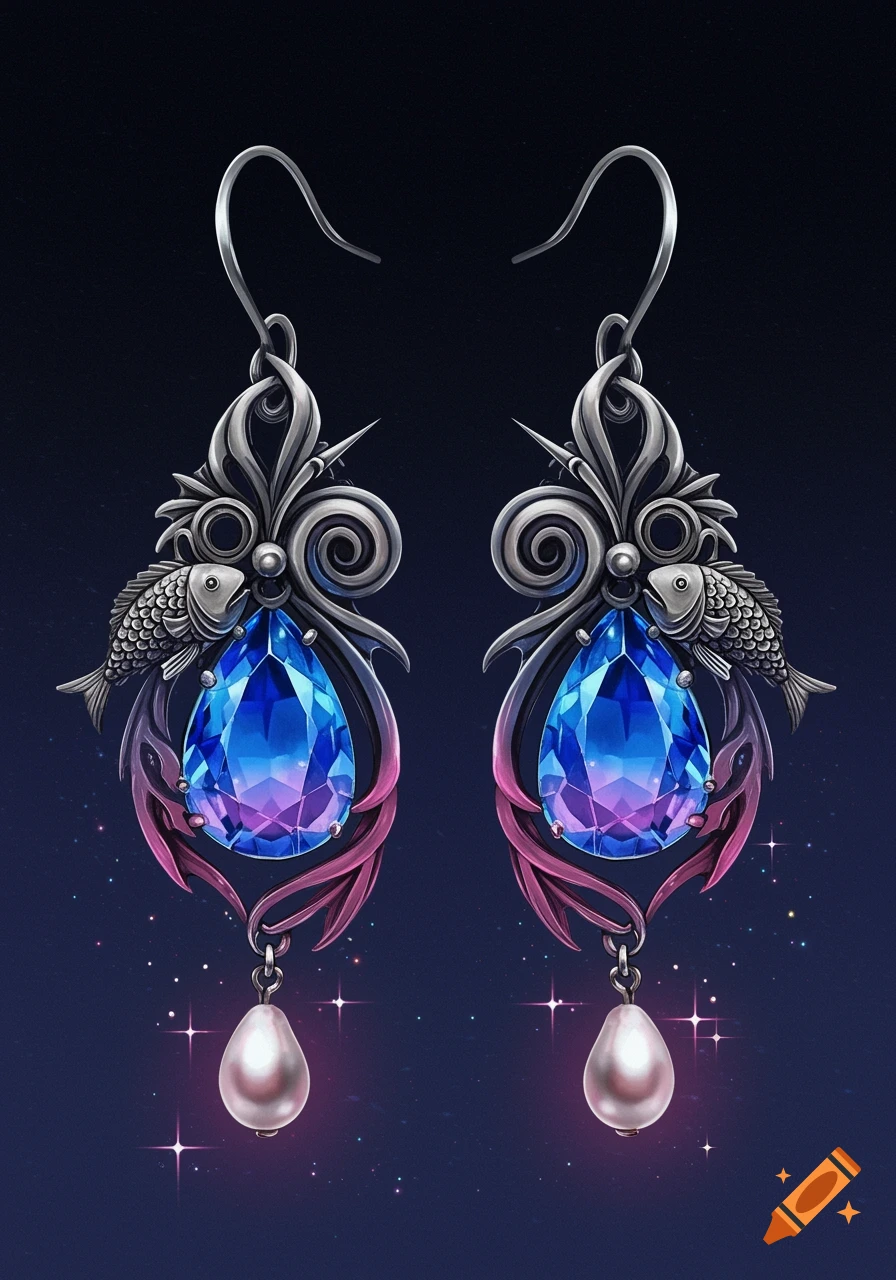 A pair of ornate silver earrings with blue and pink teardrop gems, small silver fish, dark leafy elements, and dangling white pearls against a dark, starry background.