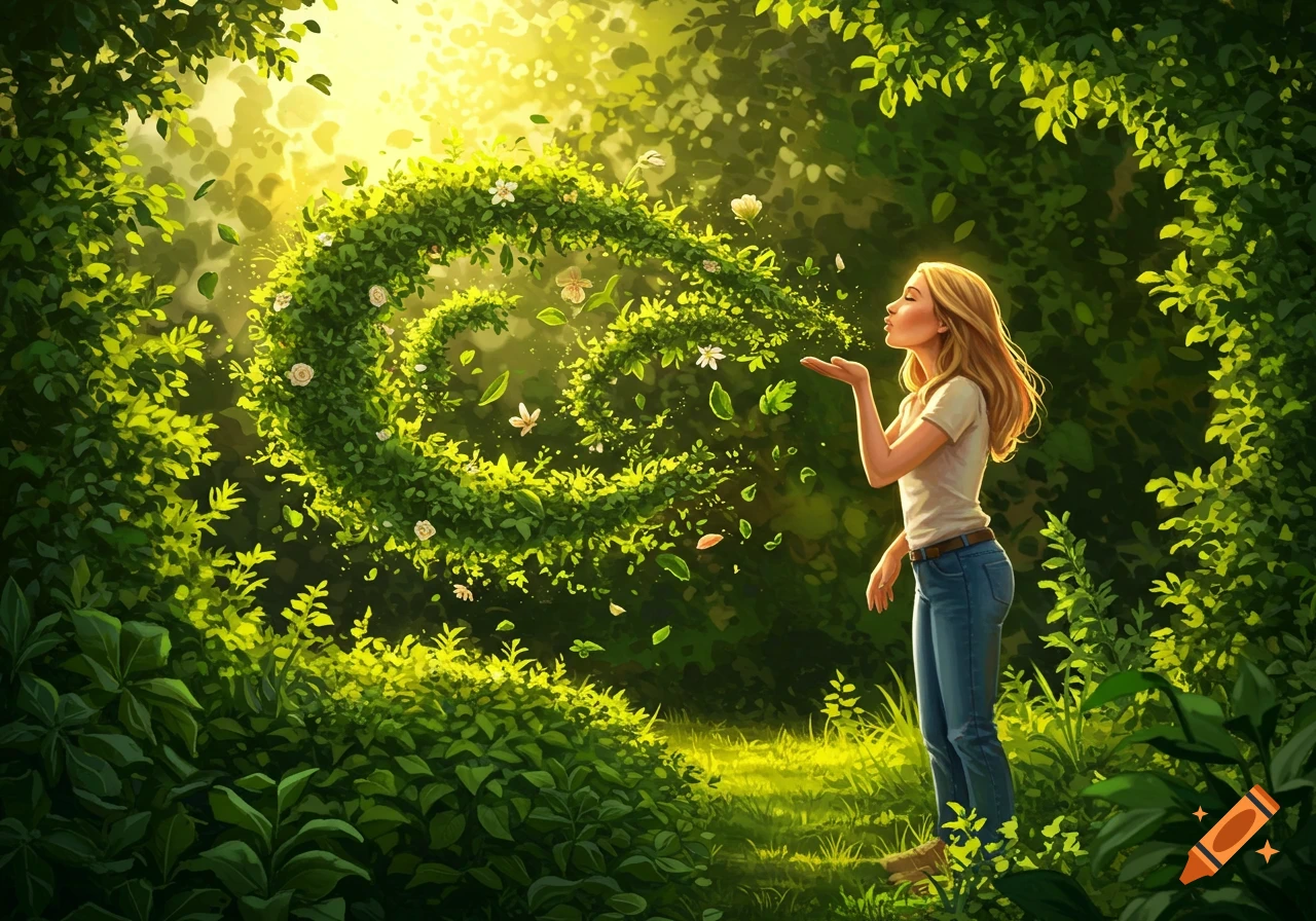 A blonde woman in a lush, sunlit green forest blows a kiss, transforming into a swirling path of green leaves and white flowers.