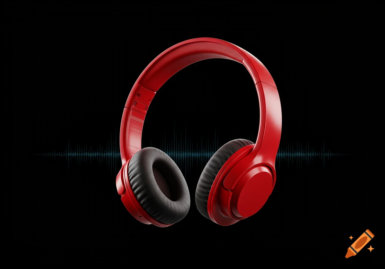 Red over-ear headphones with black ear pads centered on a black background, with a subtle blue soundwave graphic.