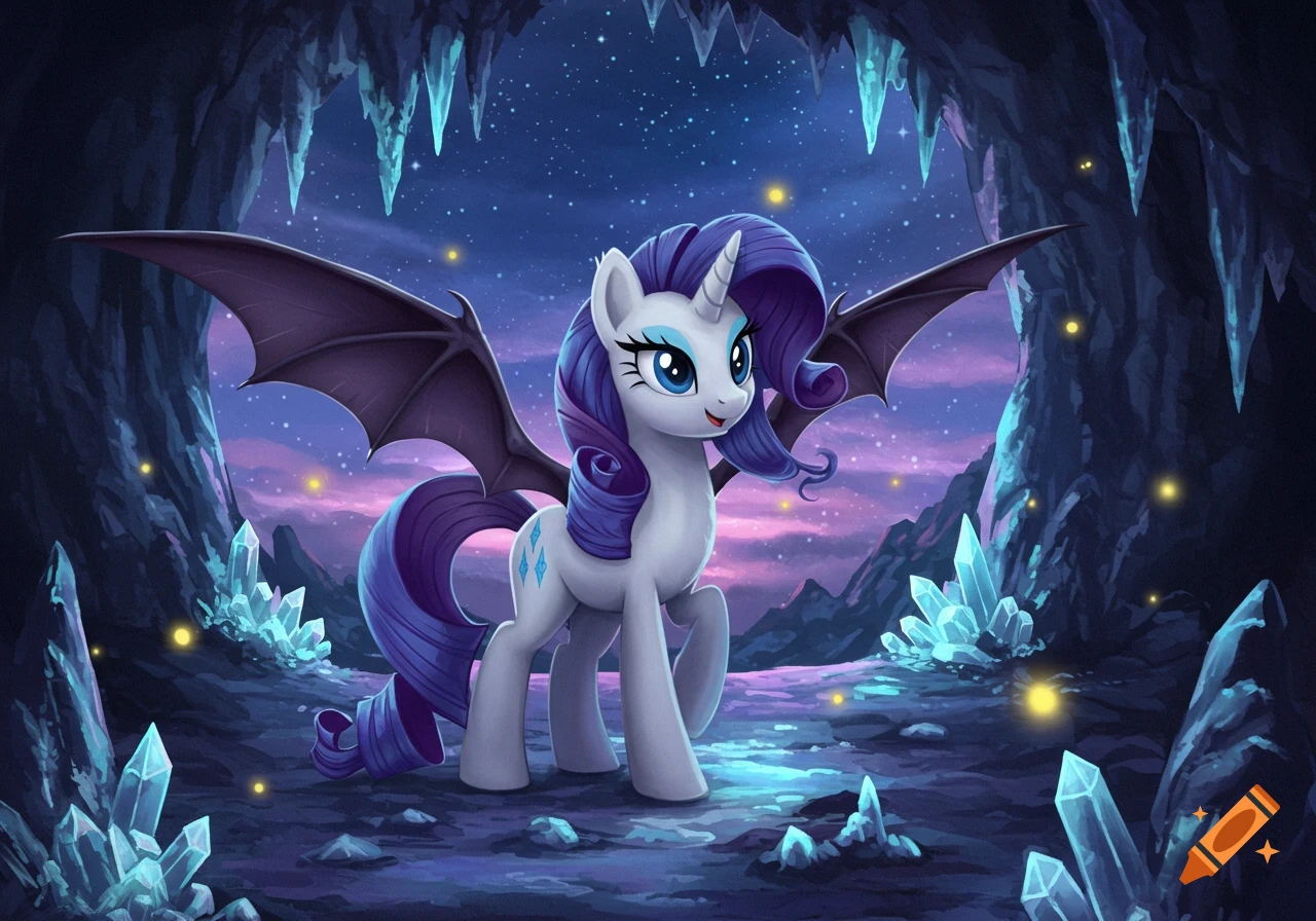 Rarity from My Little Pony depicted as a bat pony in a dark crystal cave with a starry, twilight sky.