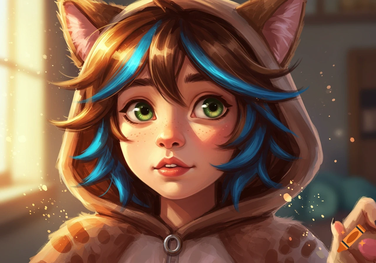 Stylized digital painting of a girl with blue-streaked brown hair, green eyes, and freckles, wearing a brown cat onesie.