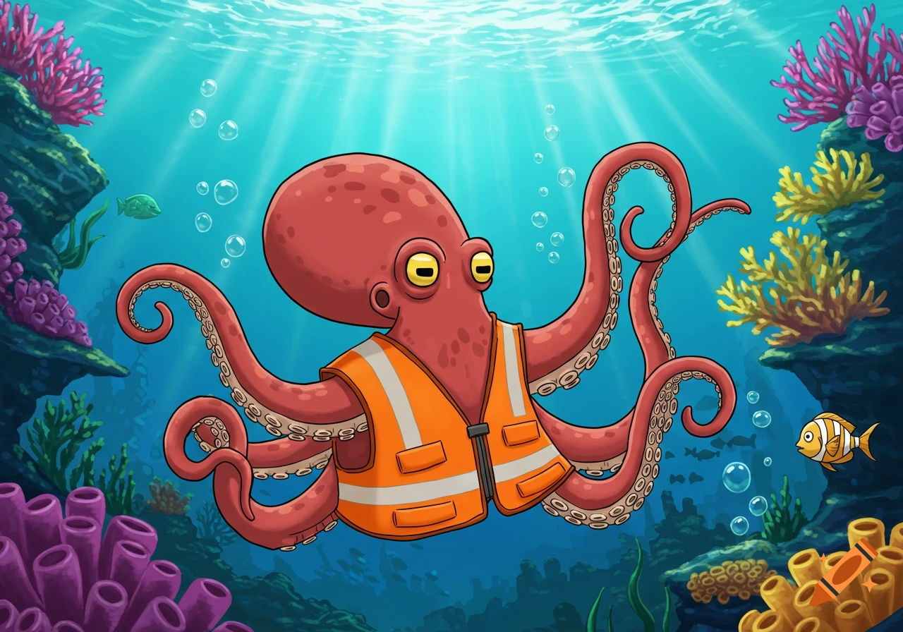 A cartoon red octopus wearing an orange safety vest swims underwater among colorful coral and fish.